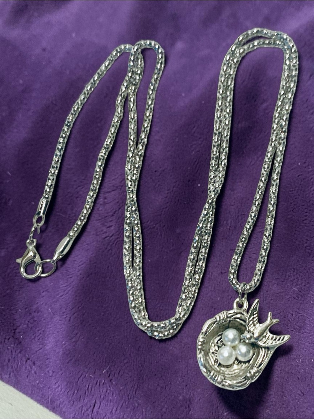 Silver Bird Nest Necklace with Pearl egg accents Pendant & a popcorn chain - Picture 4 of 4